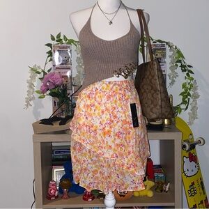 2000s whimsical bohemian fairycore floral print summer ruffle midi skirt